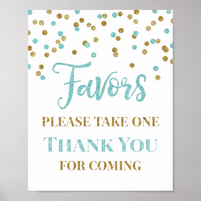 Affiche Pancarte de Favors Confetti Bleu Or pour Baby Show (Devant)