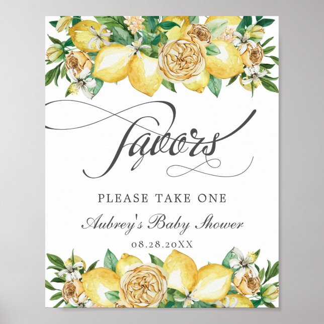 Affiche Pancarte de Favors Floral Citron Chic Bébé Mariage (Devant)