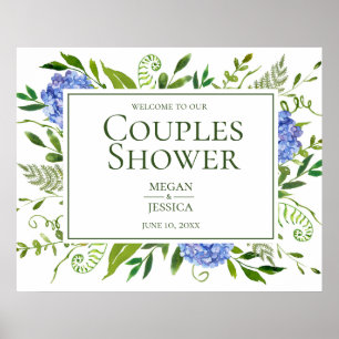 Affiche Pancarte de Fête de Couple aux Hortensias Bleus