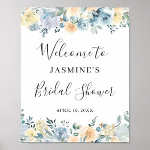 Affiche Pancarte de Fête de Mariage Florale Bleue Vanille