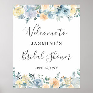 Affiche Pancarte de Fête de Mariage Florale Bleue Vanille