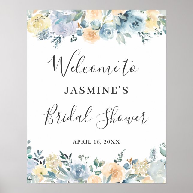 Affiche Pancarte de Fête de Mariage Florale Bleue Vanille (Devant)