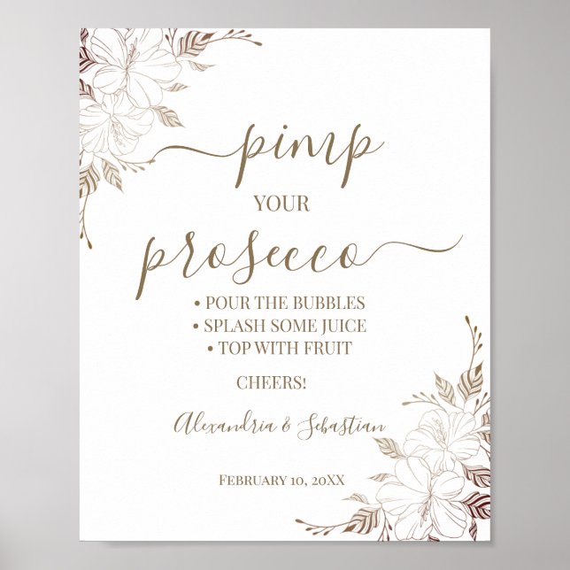 Affiche Pancarte de Fête de Mariage Prosecco Fleurie Ligne (Devant)