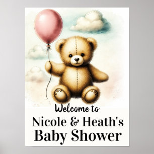 Affiche Pancarte de fête prénatale Bébé Ballon Rose Ours e