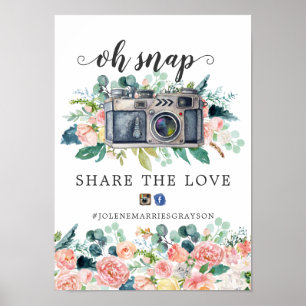 Affiche Pancarte de hashtag de mariage floral d'été rougis