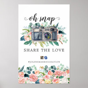 Affiche Pancarte de hashtag de mariage floral d'été rougis