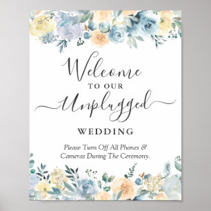 Affiche Pancarte de mariage débranchée Fleurs Bleues Pêche