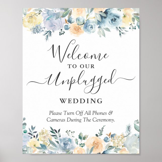 Affiche Pancarte de mariage débranchée Fleurs Bleues Pêche (Devant)