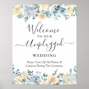 Affiche Pancarte de mariage débranchée Fleurs Bleues Pêche