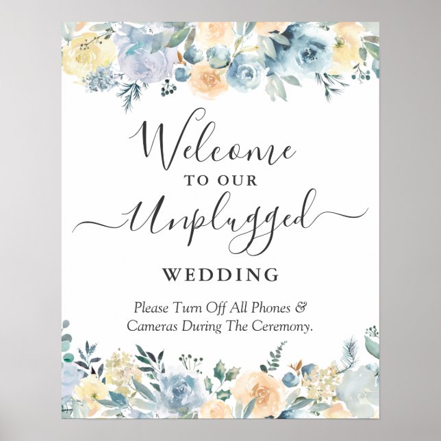 Affiche Pancarte de mariage débranchée Fleurs Bleues Pêche (Devant)