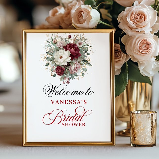 Affiche Pancarte de Mariage Fleurs de Eucalyptus Rouge Bur (Eucalyptus Blush Burgundy Bridal Shower Sign)