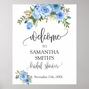Affiche Pancarte de mariage floral bleu Bienvenue à la fêt