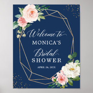 Affiche Pancarte de mariage floral rose Navy Blue Blush