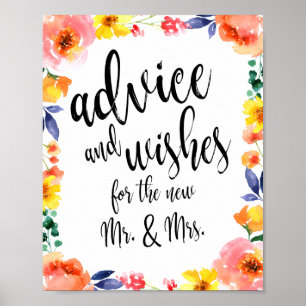 Affiche Pancarte de mariage florale Conseils et Vœux 8x10