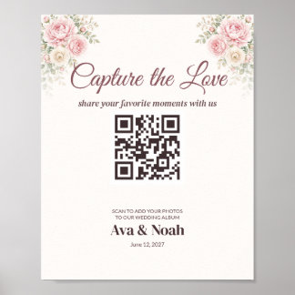 Affiche Pancarte de mariage florale rose avec QR Code, Par