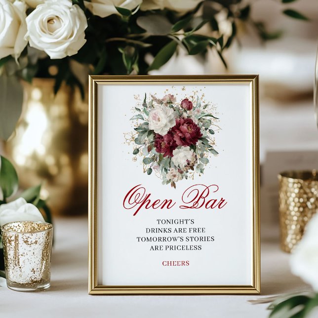 Affiche Pancarte de mariage pour un bar ouvert Burgundy Bl (Eucalyptus Blush Burgundy Open Bar Sign)