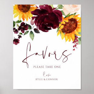 Affiche Pancarte de Mariage Tournesols Roses Bourgogne Rou
