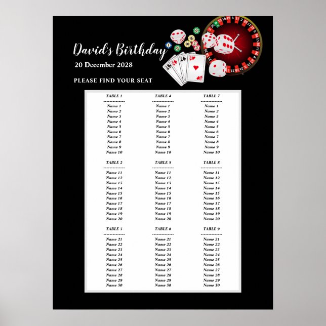 Affiche Pancarte de placement de soirée CASINO, siège de f (Devant)