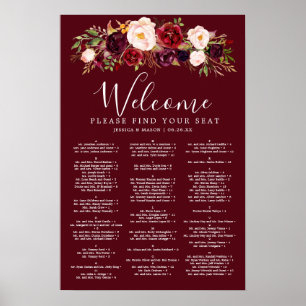 Affiche Pancarte de plan de table de mariage Boho Burgundy