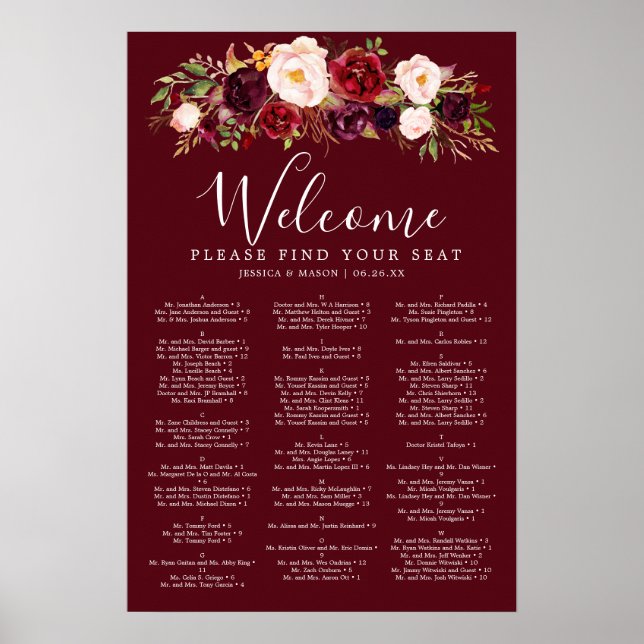 Affiche Pancarte de plan de table de mariage Boho Burgundy (Devant)