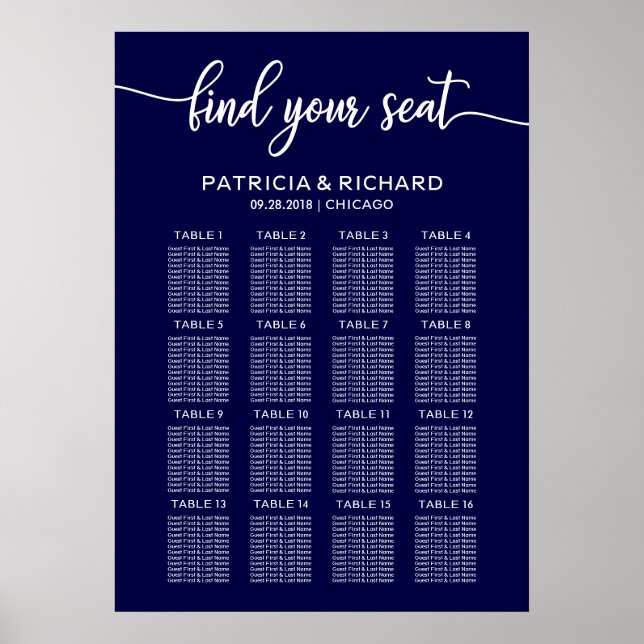 Affiche Pancarte de plan de table de mariage Chic Bleu Nui (Devant)