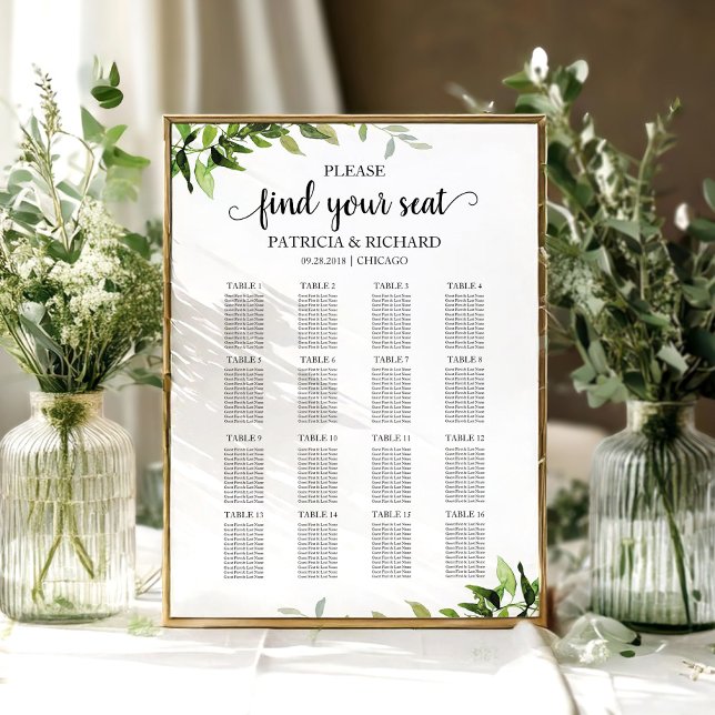 Affiche Pancarte de plan de table de mariage Élégante verd (Créateur téléchargé)