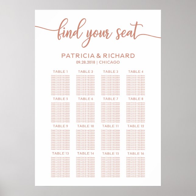 Affiche Pancarte de plan de table de mariage en rose gold  (Devant)
