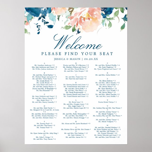 Affiche Pancarte de plan de table de mariage floral Midnig (Devant)