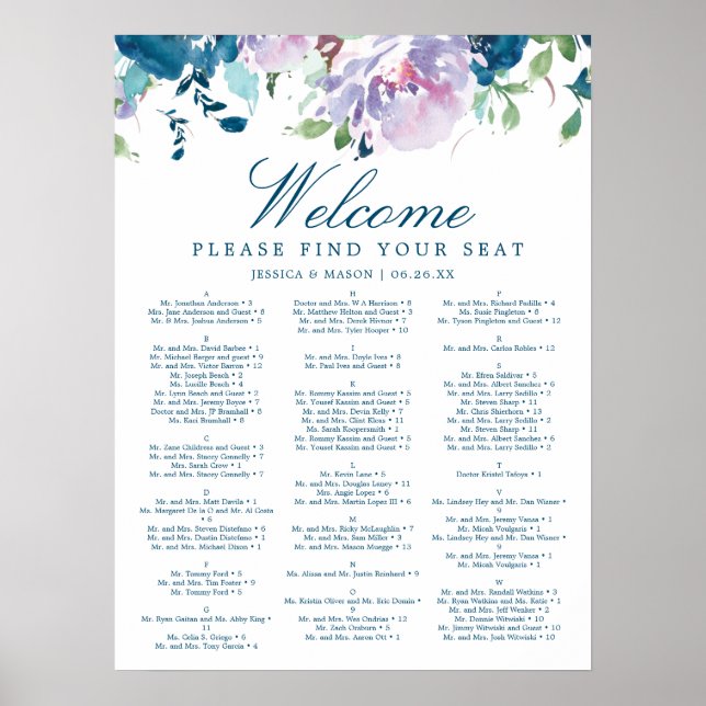 Affiche Pancarte de plan de table de mariage floral Midnig (Devant)