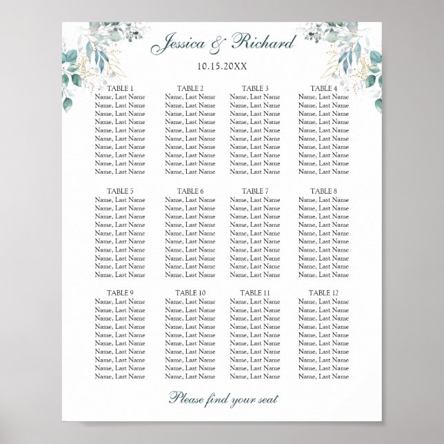 Affiche Pancarte de plan de table pour 12 tables (Devant)