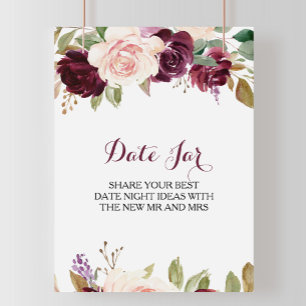 Affiche Pancarte de pot de date floral bordeaux Vert Blush