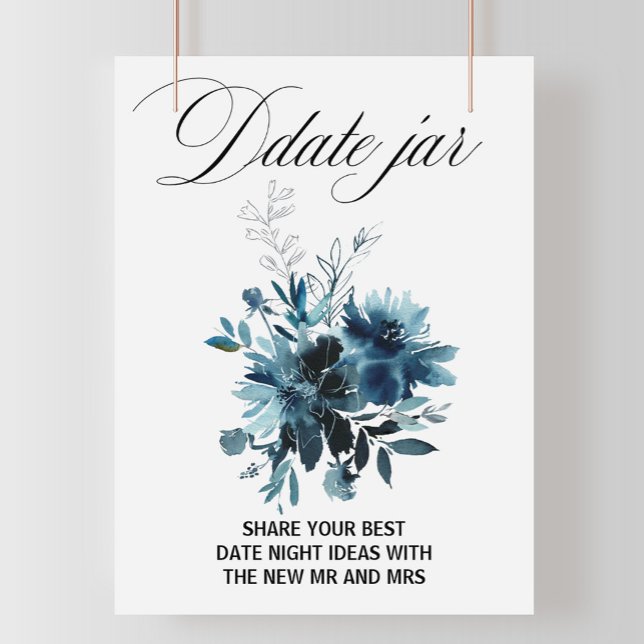 Affiche Pancarte de pot de date florale bleu de la marine  (Créateur téléchargé)