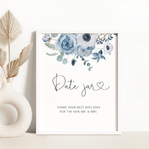 Affiche Pancarte de pot de date florale bleu poussiéreux. 