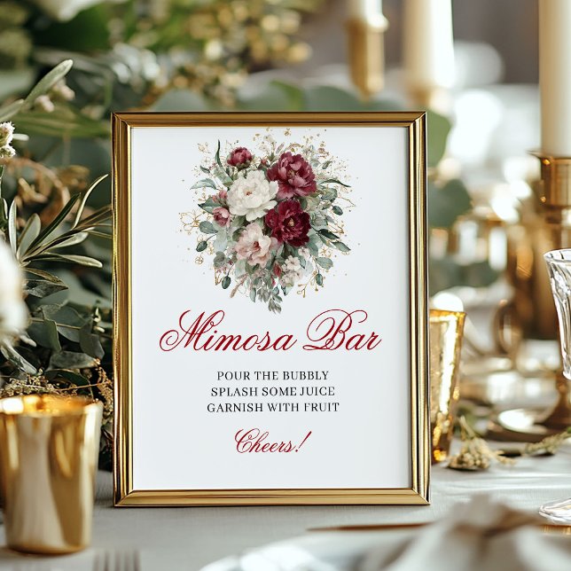 Affiche Pancarte de table de bar Mimosa Burgundy Blush rom (Romantic Blush Burgundy Mimosa Bar Tabletop Sign)