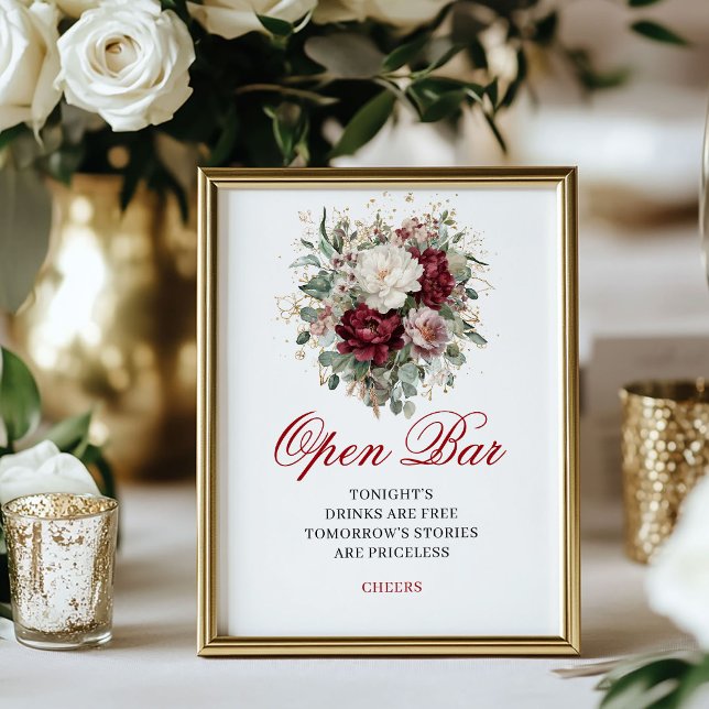 Affiche Pancarte de table de bar ouvert Burgundy Blush Ver (Greenery Blush Burgundy Open Bar Tabletop)