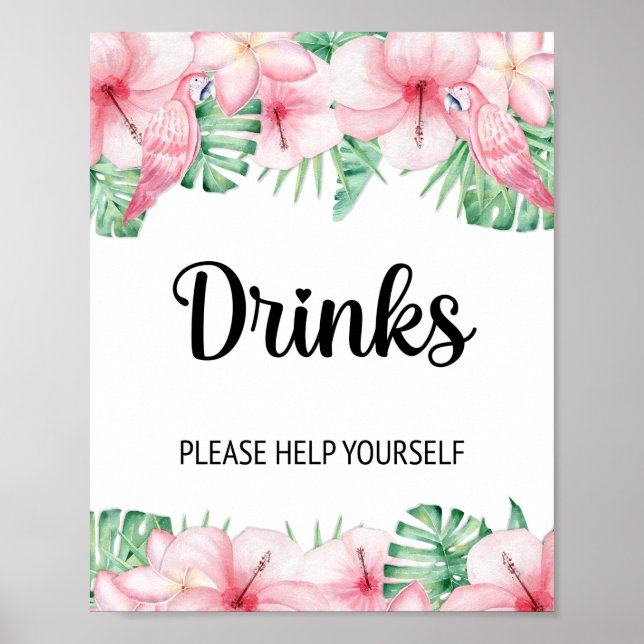 Affiche Pancarte de table de boissons Floral rose tropical (Devant)