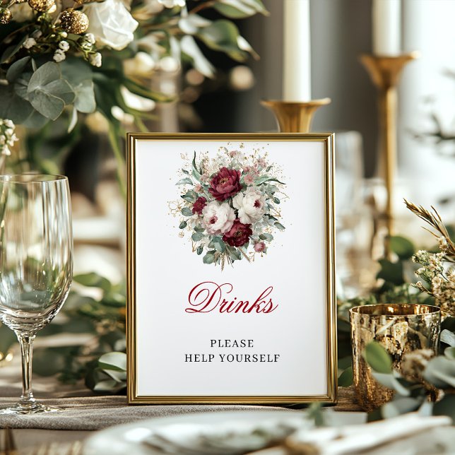 Affiche Pancarte de table de boissons florale bordeaux Blu (Chic Blush Burgundy Floral Drinks Tabletop Sign)