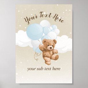 Affiche Pancarte de table Ourson avec ballons bleus