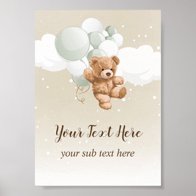 Affiche Pancarte de table Ourson avec ballons sauge (Devant)