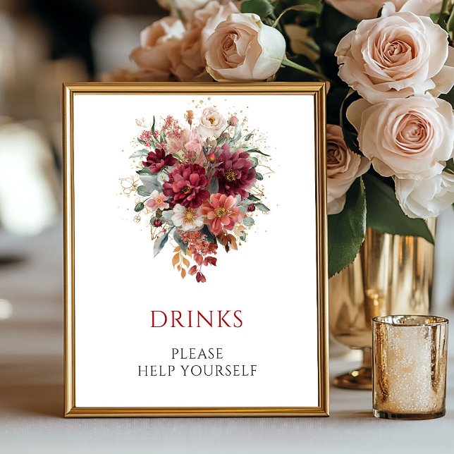 Affiche Pancarte de table pour boissons en eucalyptus de B (Burgundy Eucalyptus Fall Drinks Tabletop Sign

)