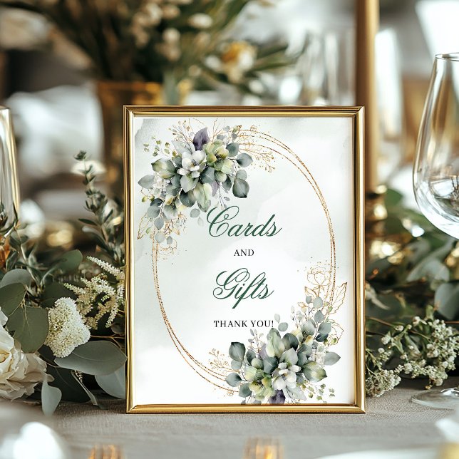 Affiche Pancarte de table pour cartes et cadeaux à feuilla (Green White Foliage Cards And Gifts Table Sign)