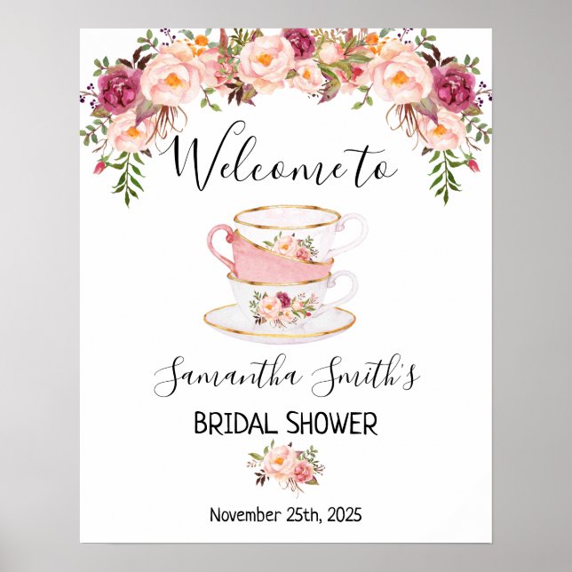 Affiche Pancarte de thé de bienvenue shower floral rose (Devant)