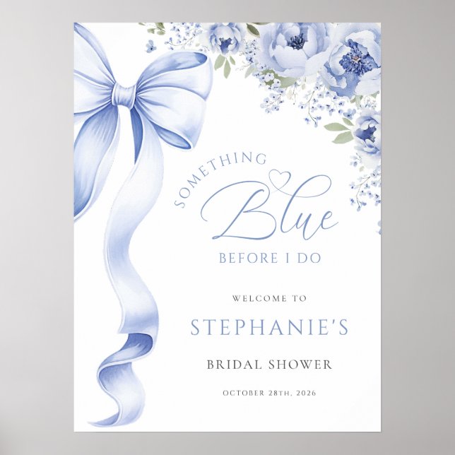 Affiche Pancarte numérique de mariage floral bleu (Devant)