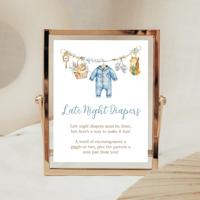 Affiche Pancarte pour bébé garçon cultivé localement pour  (Blue Locally Grown Baby Shower Late Night Diapers Sign)