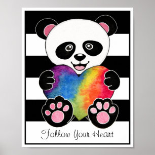 Affiche Panda Aquarelle Cute Avec Coeur Arc En Ciel