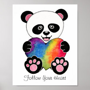 Affiche Panda Aquarelle Cute Avec Coeur Arc En Ciel