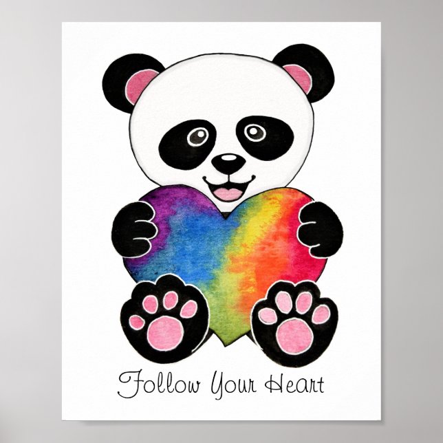 Affiche Panda Aquarelle Cute Avec Coeur Arc En Ciel (Devant)