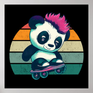 Affiche Panda bébé mignonne avec mohawk   Panda de patinag