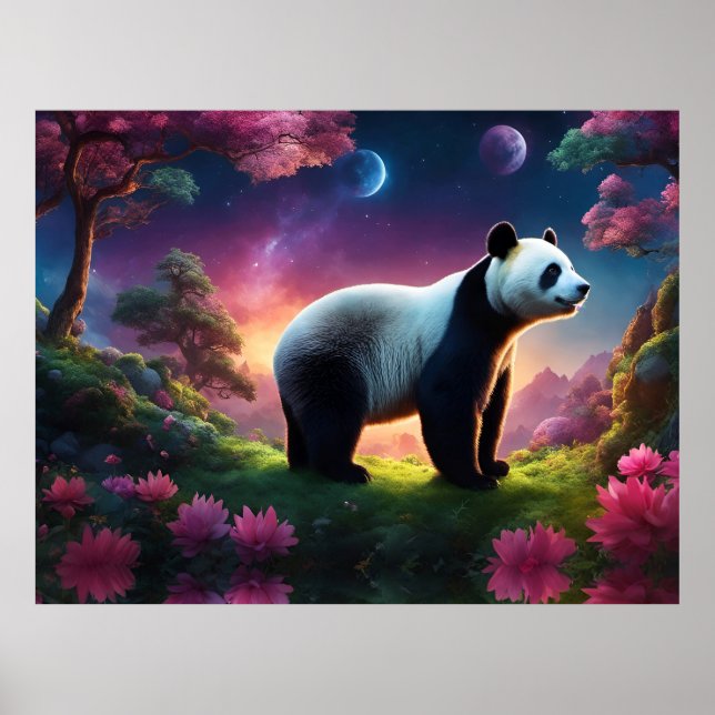 Affiche Panda dans un jardin de fantaisie (Devant)