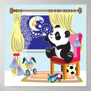 Affiche panda de dessin animé et lune